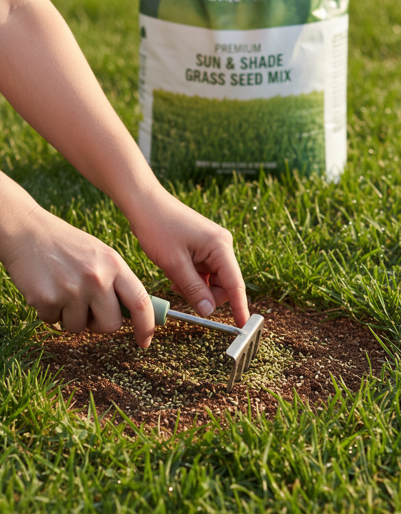 Homeowner repairing a bare patch in their lawn by raking grass seed into the soil.