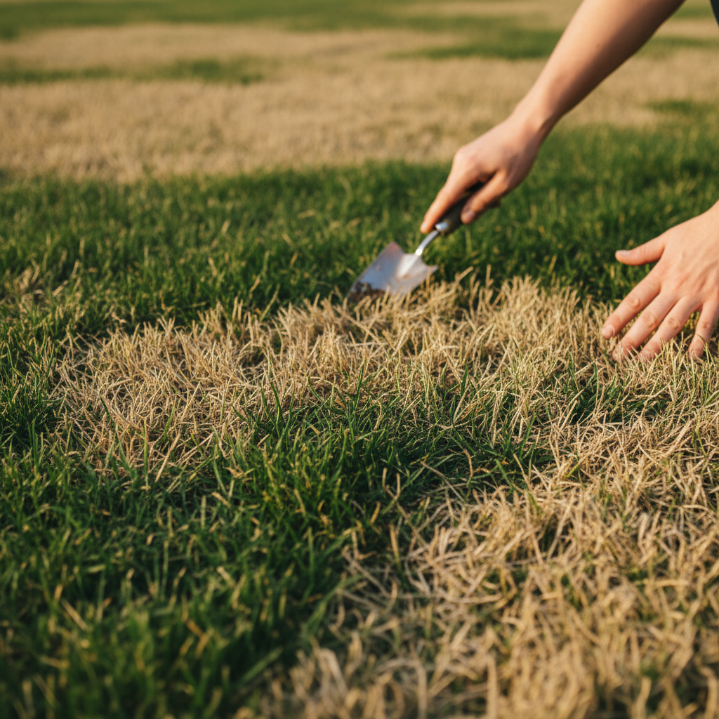 Close-up of a patchy residential lawn with bare spots next to healthy green grass, being inspected by a homeowner's hand.
