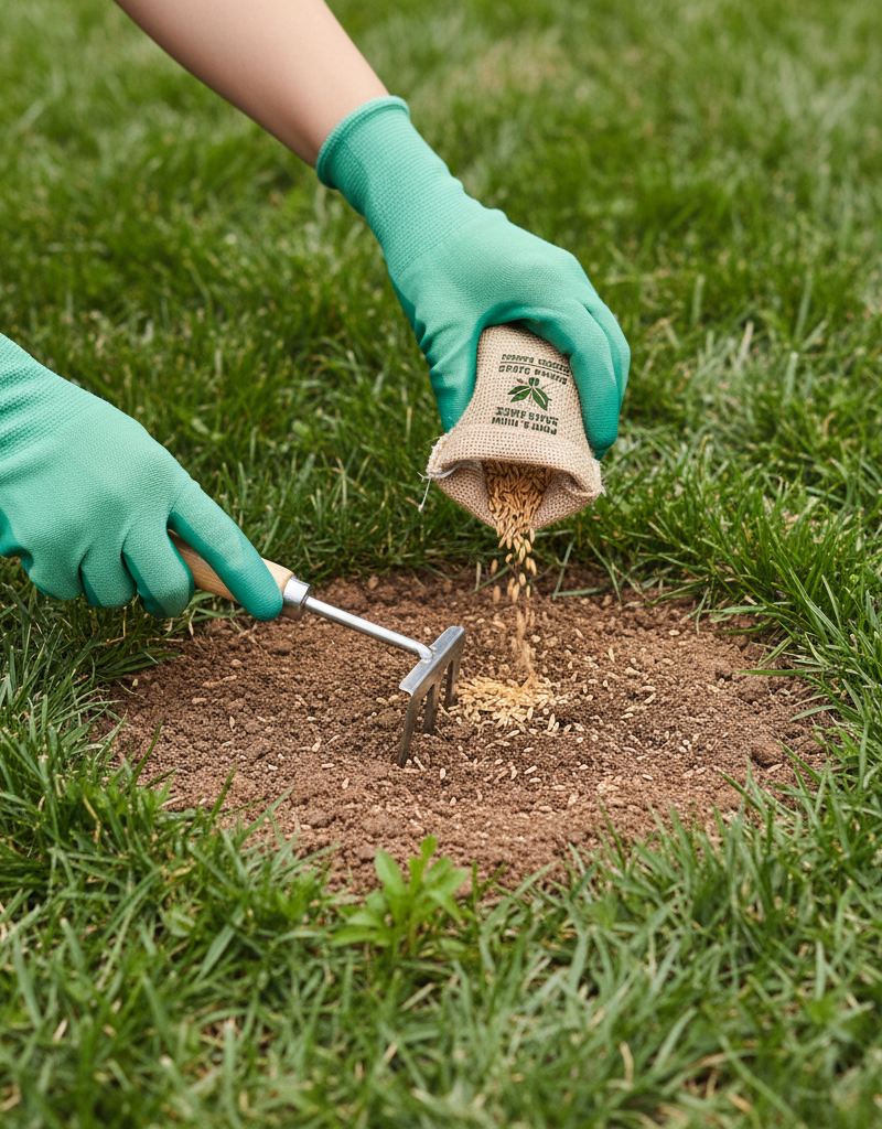 Homeowner's hands fixing a brown, patchy spot on a lawn by raking in new grass seed