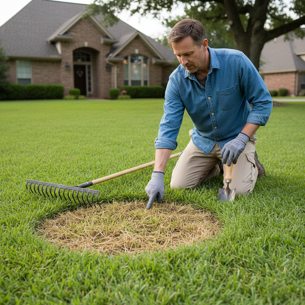 Homeowner assessing patchy grass in their lawn, with a focus on visible thatch and soil