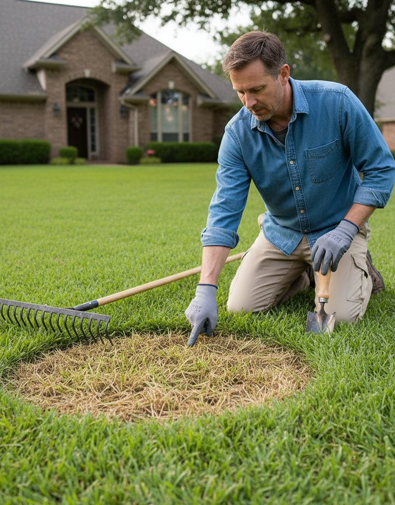 Homeowner assessing patchy grass in their lawn, with a focus on visible thatch and soil