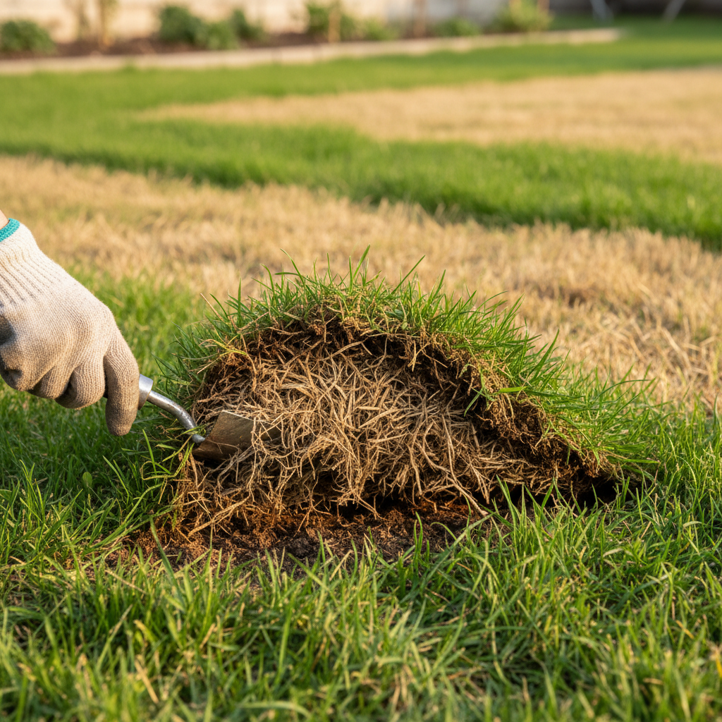 Homeowner inspecting lawn thatch with a trowel, revealing dense matted organic material causing patchy grass.