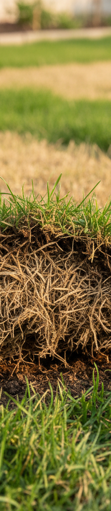 Homeowner inspecting lawn thatch with a trowel, revealing dense matted organic material causing patchy grass.