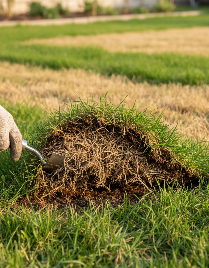 Homeowner inspecting lawn thatch with a trowel, revealing dense matted organic material causing patchy grass.