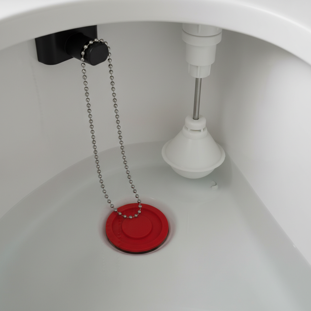 Inside a toilet tank showing the flapper, chain, and float mechanism with correct water level