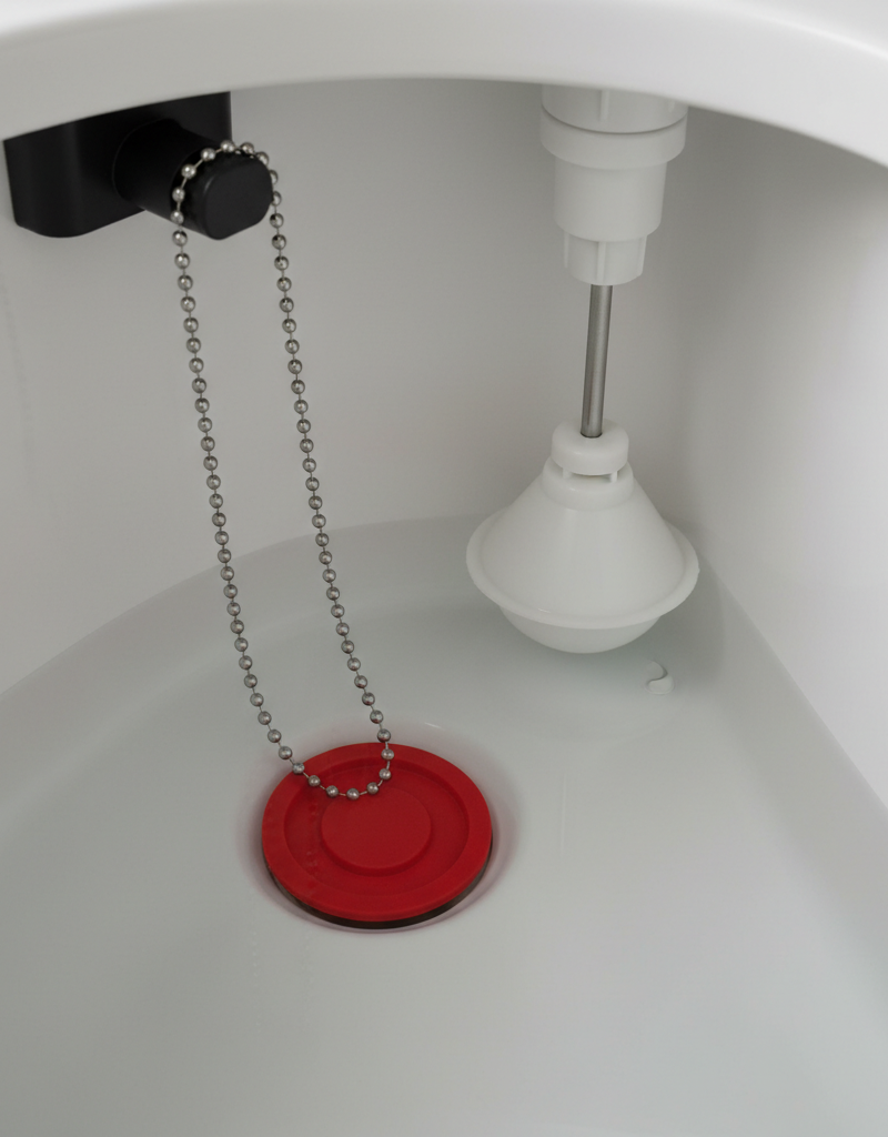Inside a toilet tank showing the flapper, chain, and float mechanism with correct water level