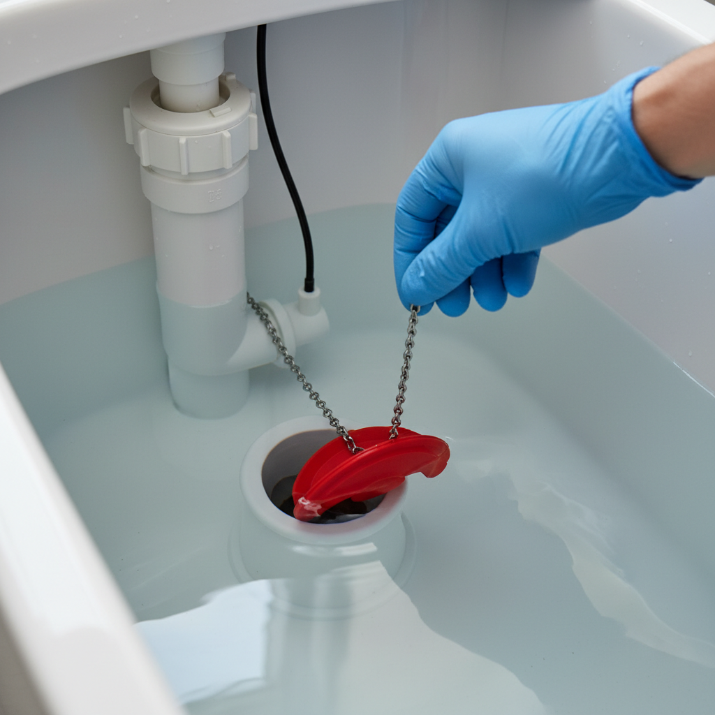 Homeowner adjusting a red toilet flapper chain inside a toilet tank to stop it from running.