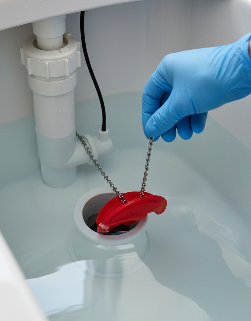 Homeowner adjusting a red toilet flapper chain inside a toilet tank to stop it from running.