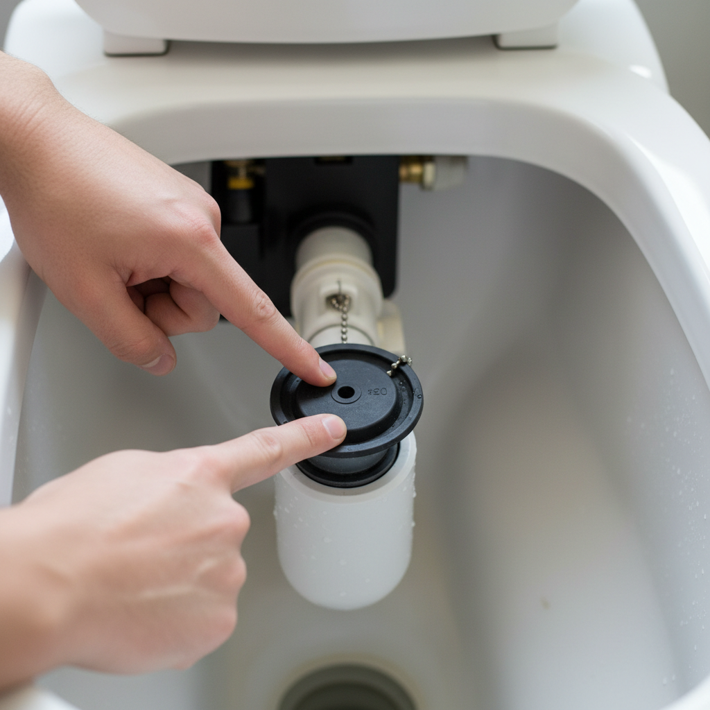 Homeowner's hands inspecting a toilet flapper inside a tank filled with clear water.