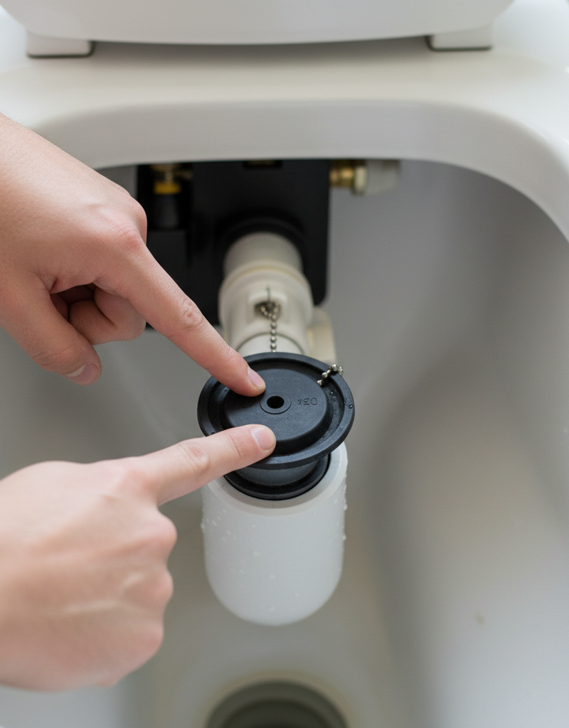 Homeowner's hands inspecting a toilet flapper inside a tank filled with clear water.