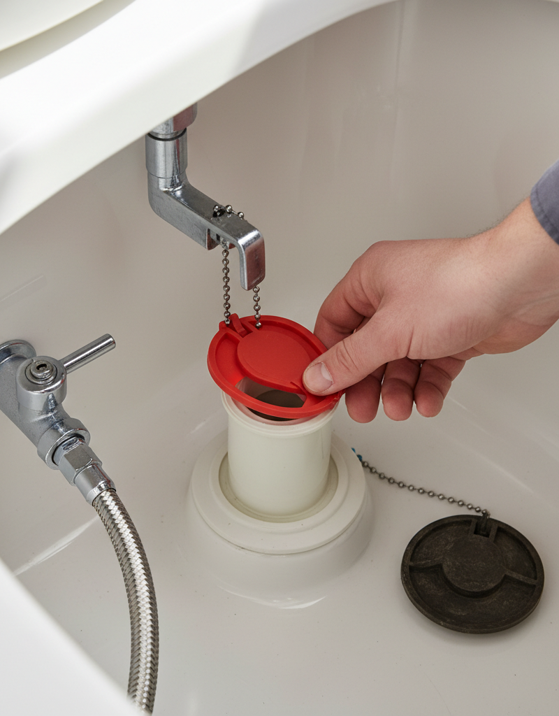 Hand replacing a red flapper valve in a toilet tank to fix a running toilet.