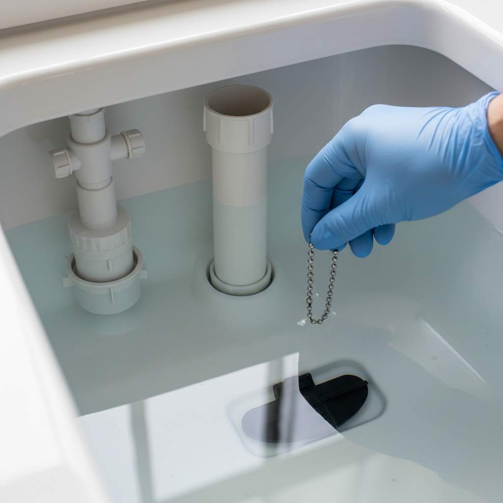 Hand adjusting a toilet flapper chain inside a clean toilet tank