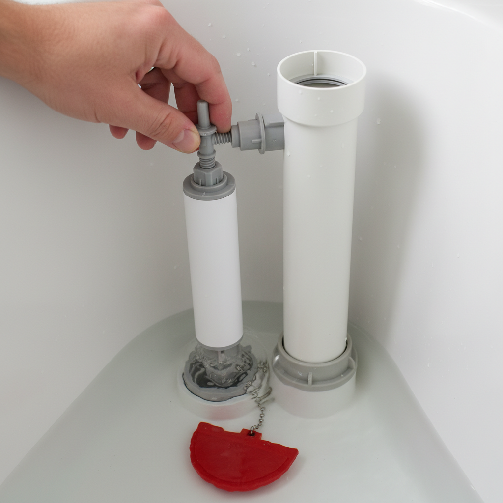 Homeowner adjusting fill valve and float in a toilet tank to stop a running toilet.