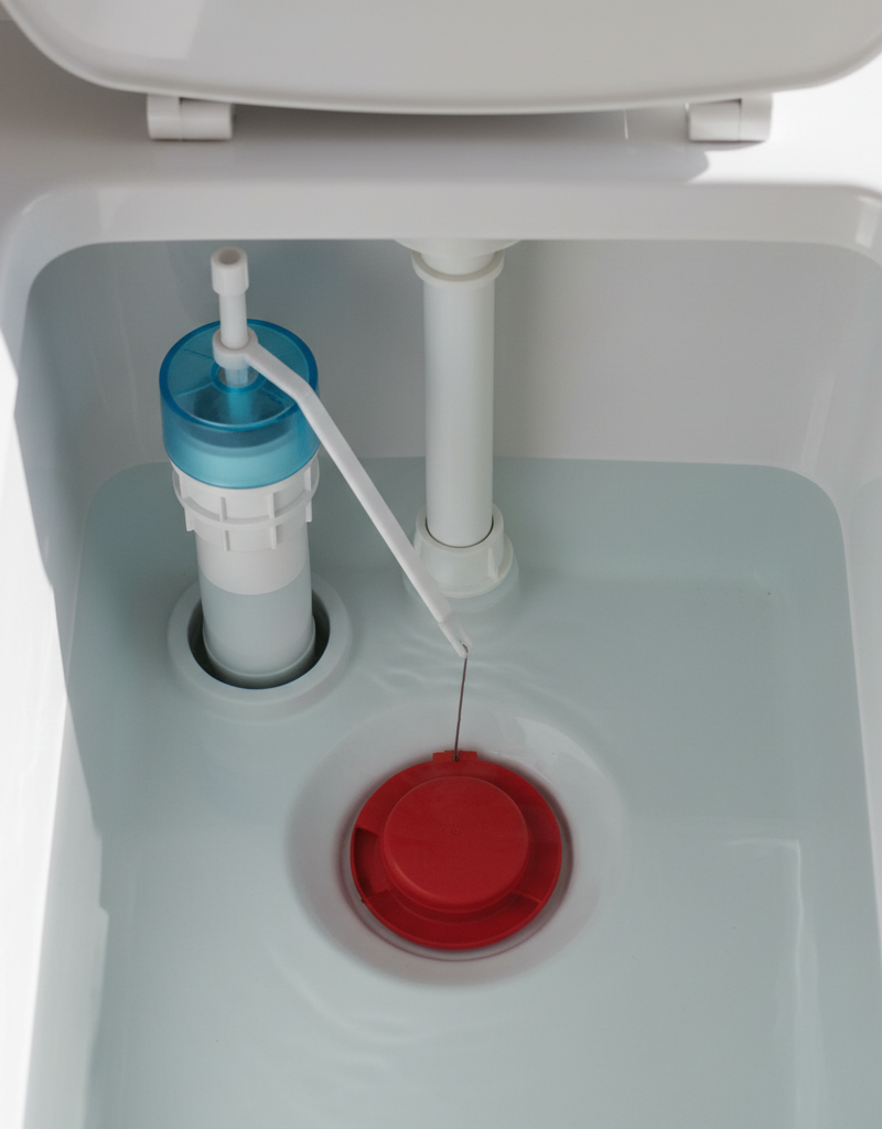 Inside view of a running toilet tank showing the flapper, fill valve, and float mechanism.