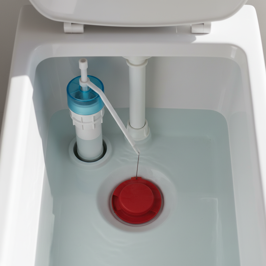 Inside view of a running toilet tank showing the flapper, fill valve, and float mechanism.
