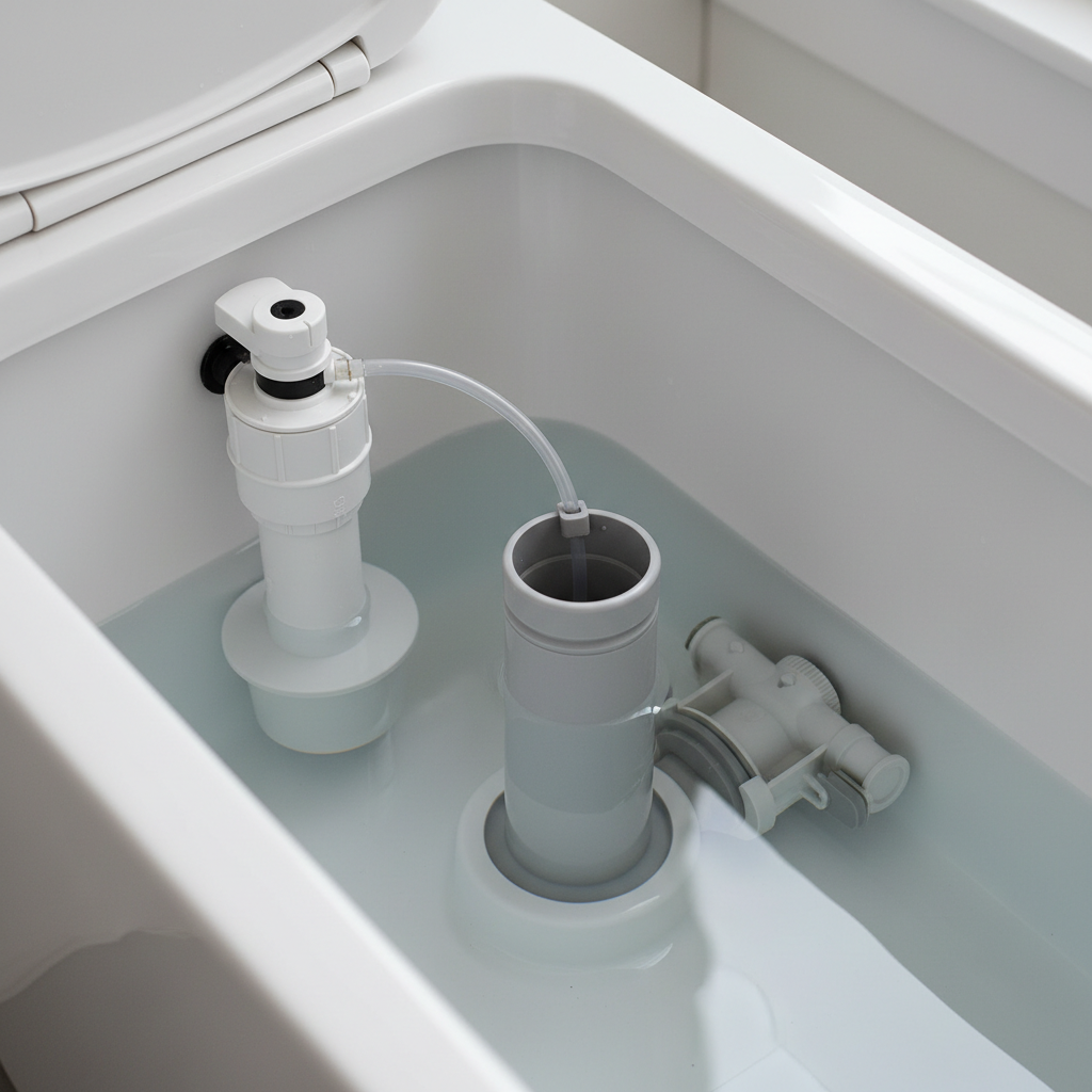 View inside a toilet tank showing the fill valve, float cup, and overflow tube with clear water.