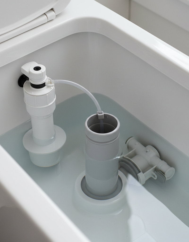 View inside a toilet tank showing the fill valve, float cup, and overflow tube with clear water.