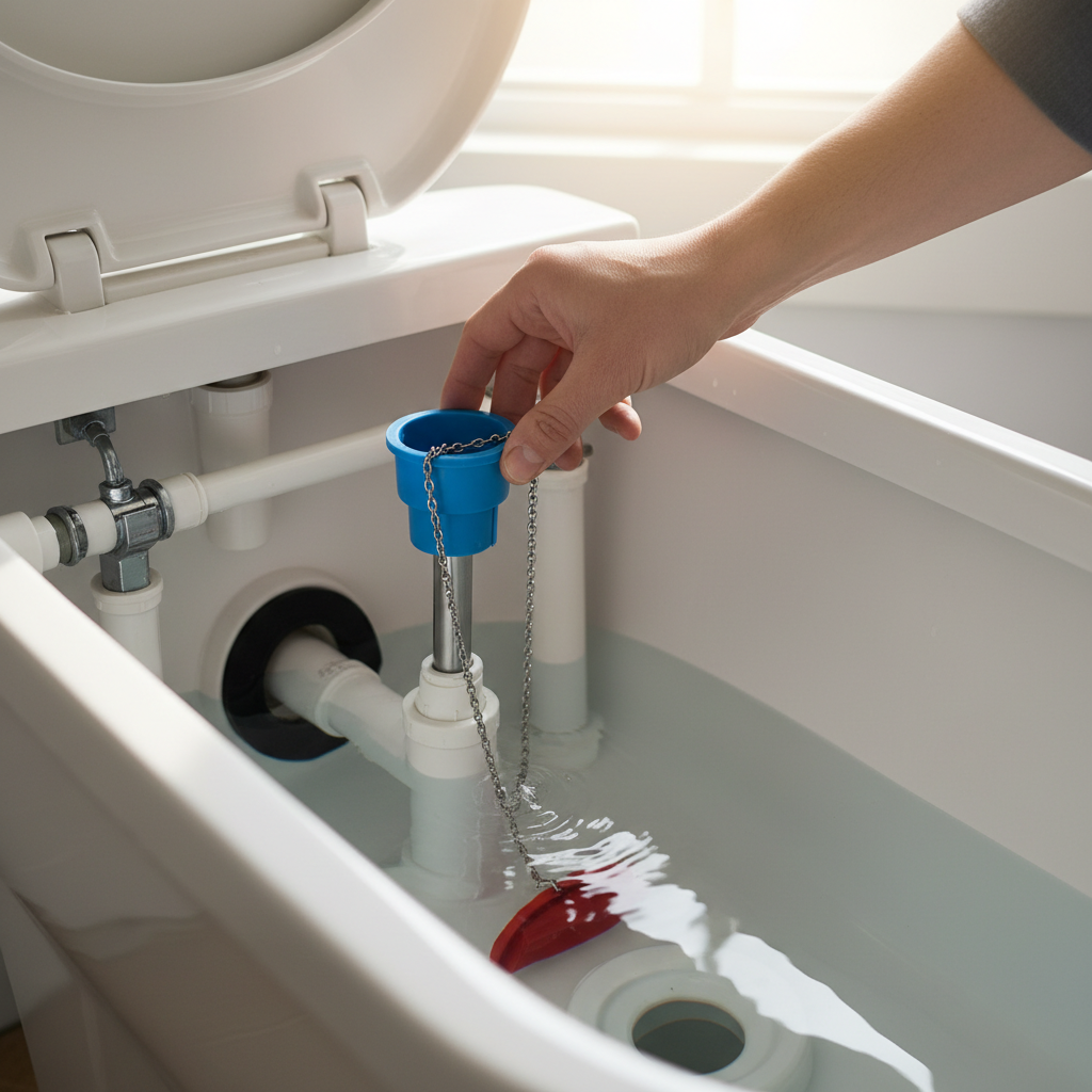 Hand adjusting a toilet flapper chain inside a clean toilet tank to stop it from running.