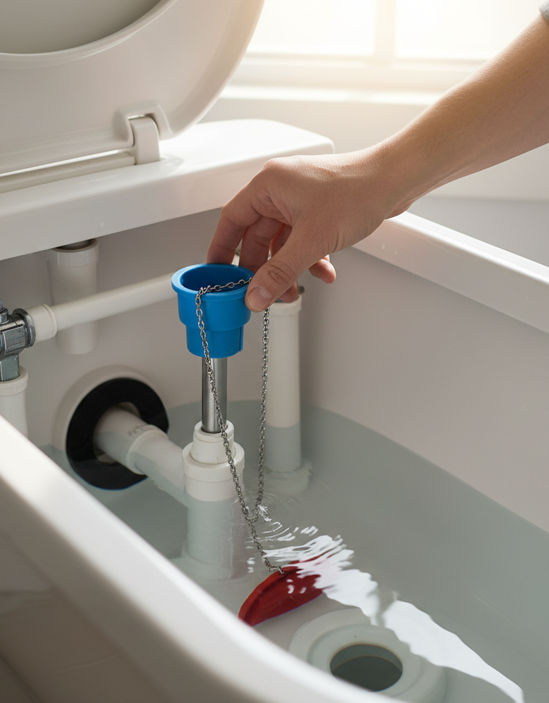 Hand adjusting a toilet flapper chain inside a clean toilet tank to stop it from running.