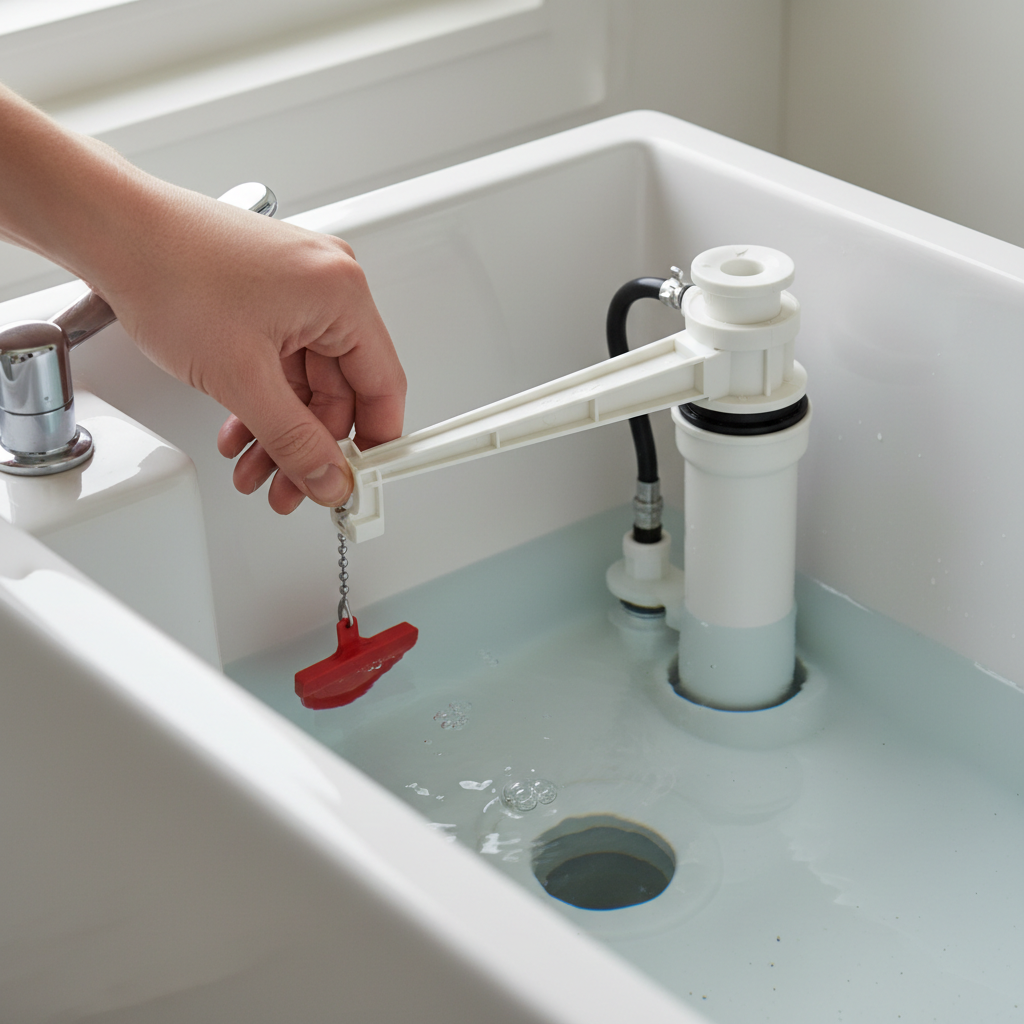 Homeowner adjusting a toilet's float arm inside the tank to stop continuous running