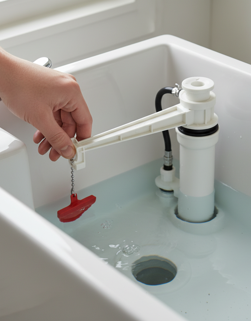 Homeowner adjusting a toilet's float arm inside the tank to stop continuous running