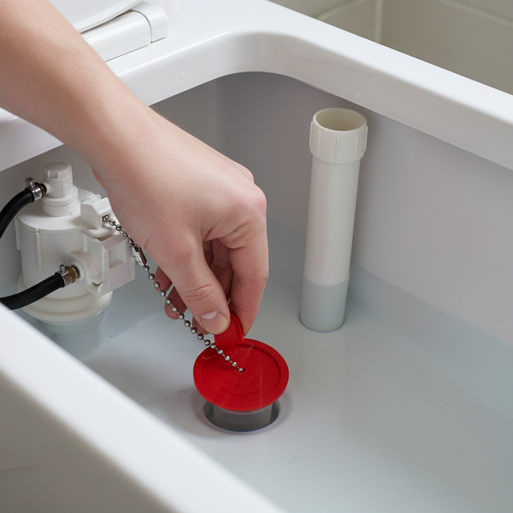Homeowner adjusting a red flapper valve inside a toilet tank to fix a running toilet.