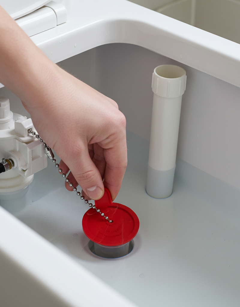 Homeowner adjusting a red flapper valve inside a toilet tank to fix a running toilet.