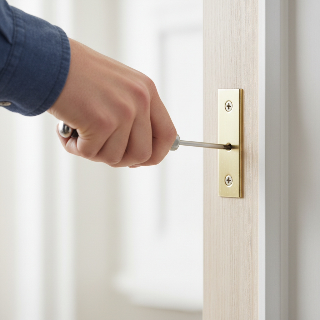 Homeowner tightening a door hinge screw to fix a sagging door