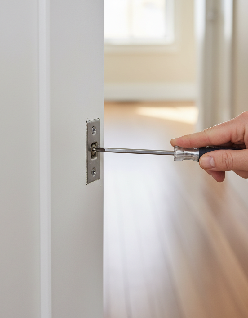 Homeowner tightening a loose door hinge screw on a sagging door