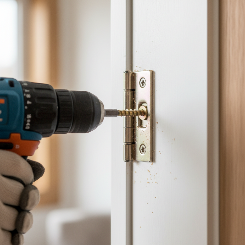 Hand screwing a long brass screw into a door hinge on a white door frame