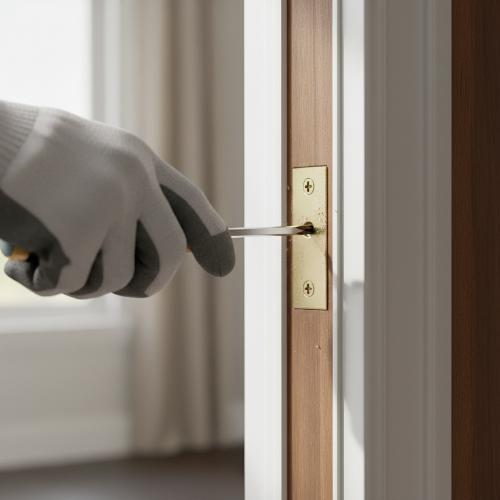 Hand tightening a door hinge screw on a sagging wooden door to fix alignment