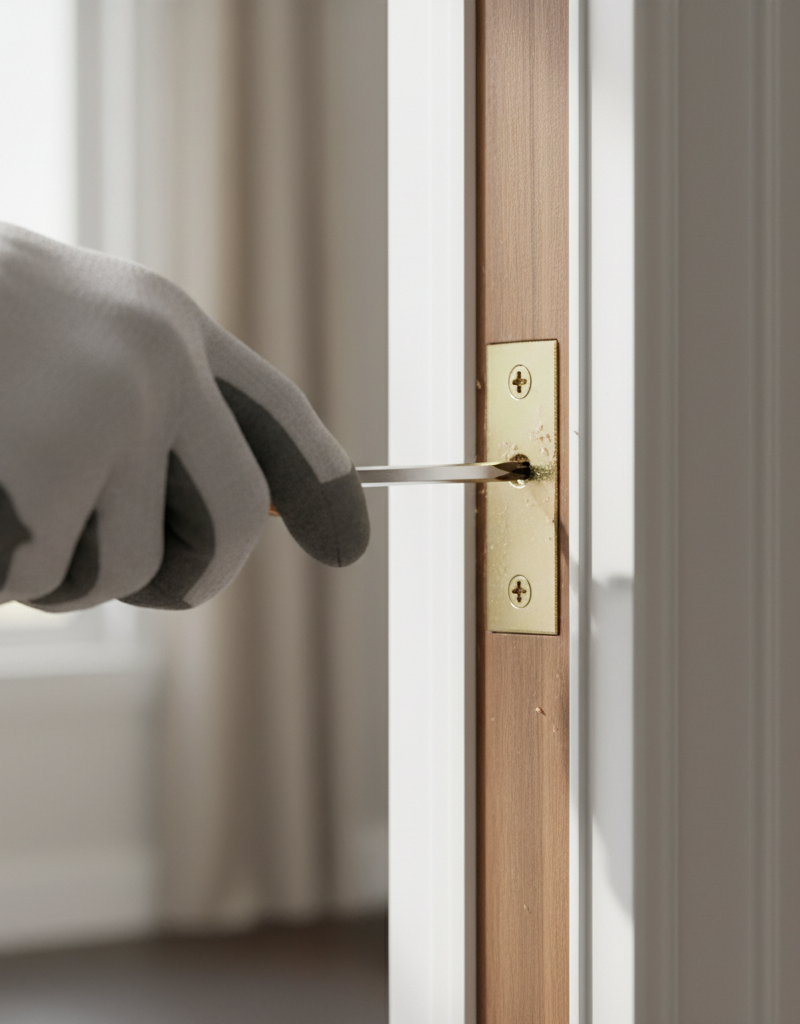 Hand tightening a door hinge screw on a sagging wooden door to fix alignment