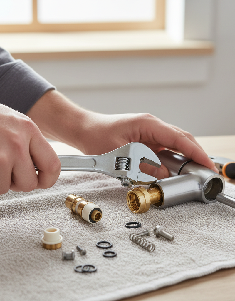 Person using a wrench to repair a single-handle kitchen faucet, with parts on a towel.