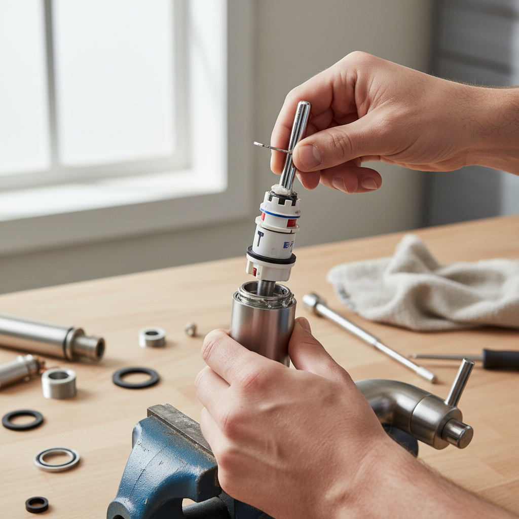 Hands replacing cartridge in a single-handle kitchen faucet during a leak repair.