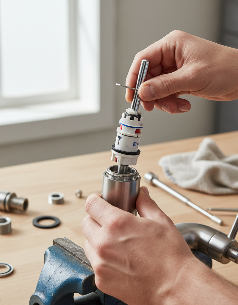 Hands replacing cartridge in a single-handle kitchen faucet during a leak repair.
