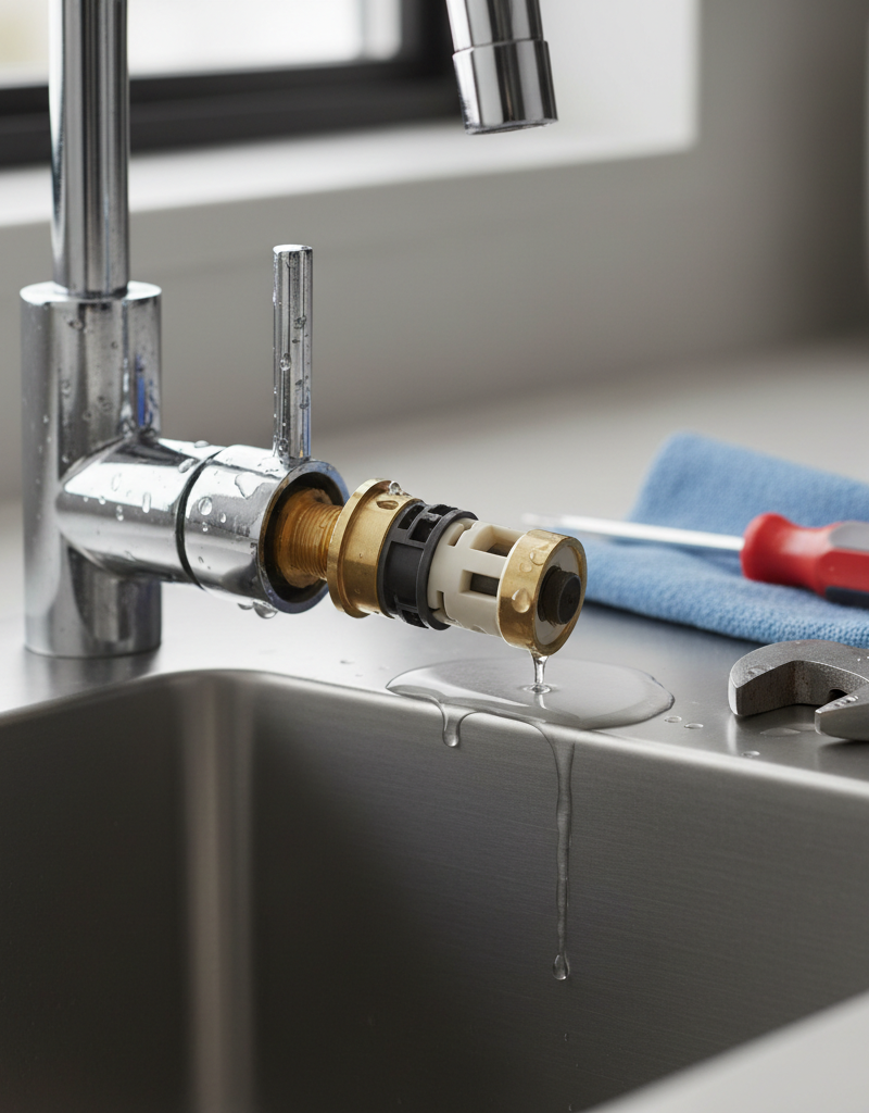 Single-handle kitchen faucet with the handle removed, revealing a worn-out cartridge being extracted for replacement.