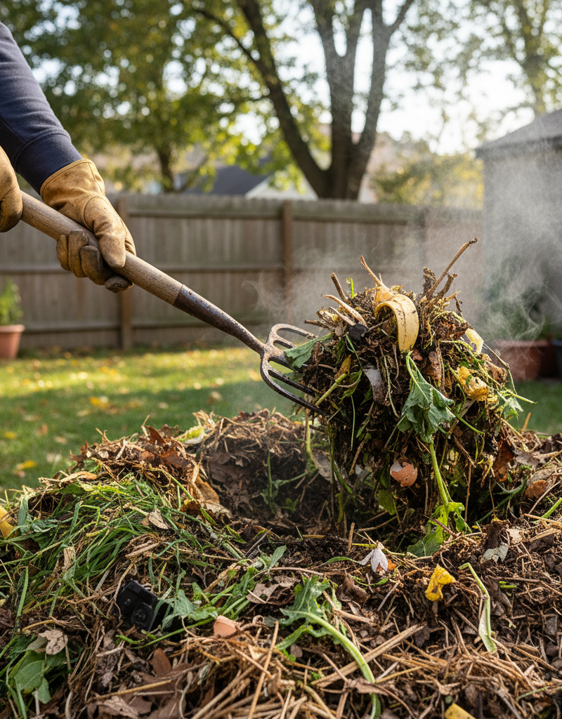 Gloved hand turning a healthy compost pile with a pitchfork, showing a mix of properly balanced green and brown materials.