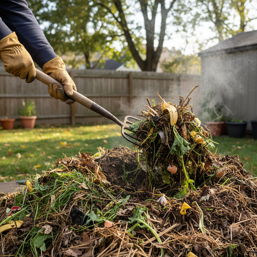 Gloved hand turning a healthy compost pile with a pitchfork, showing a mix of properly balanced green and brown materials.