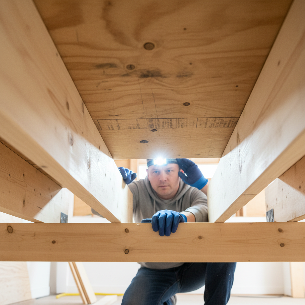 Homeowner in basement looking up at floor joists to locate a squeak