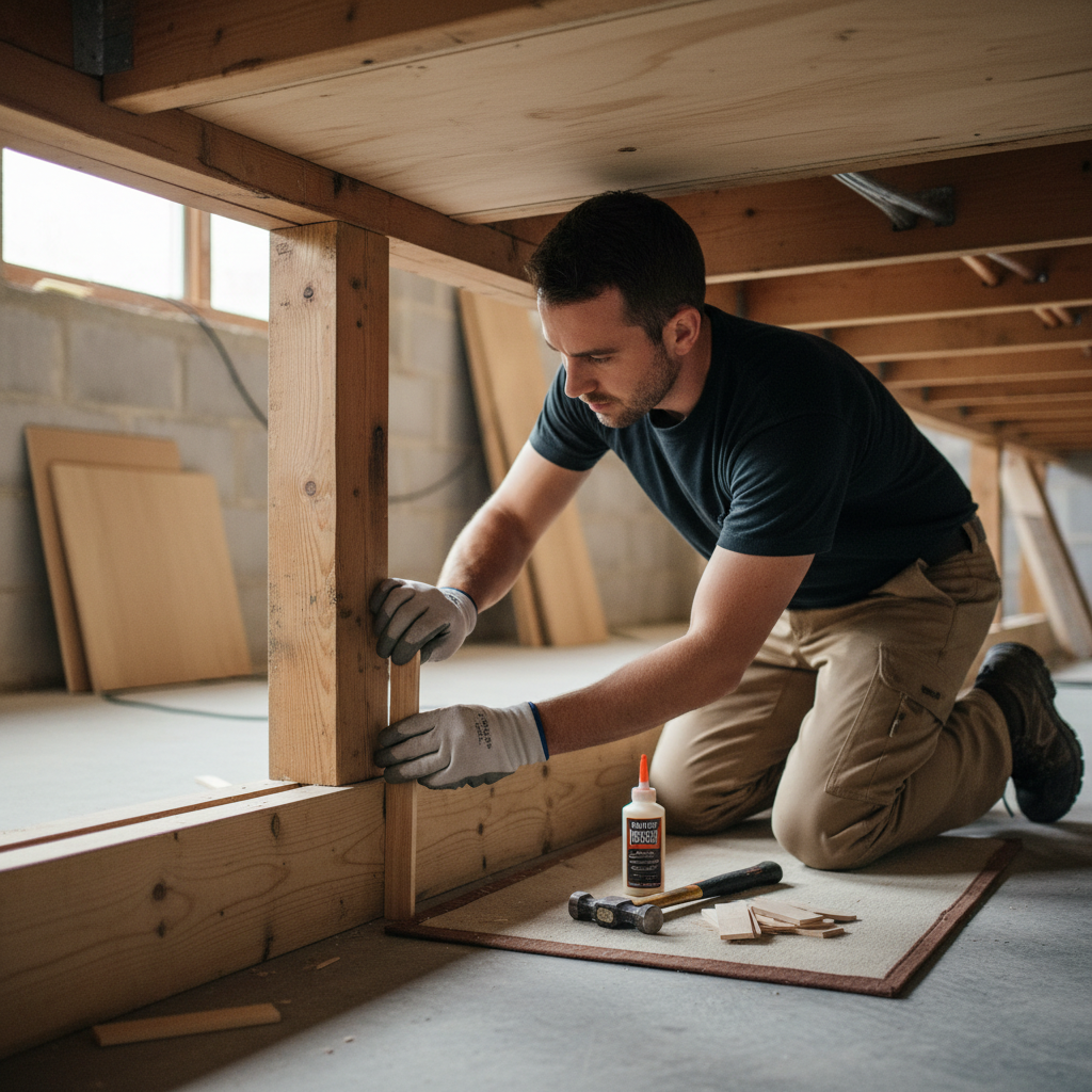 Homeowner repairing a squeaky floor by inserting a wooden shim between the subfloor and joist.