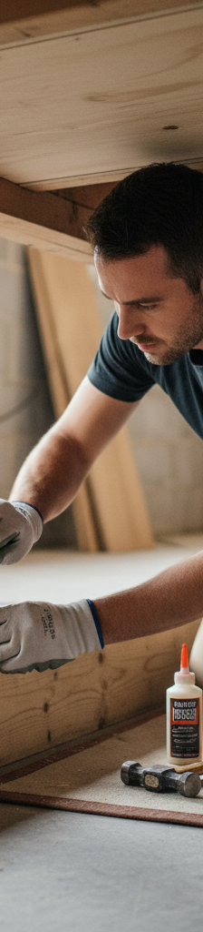 Homeowner repairing a squeaky floor by inserting a wooden shim between the subfloor and joist.