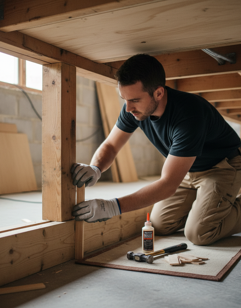 Homeowner repairing a squeaky floor by inserting a wooden shim between the subfloor and joist.