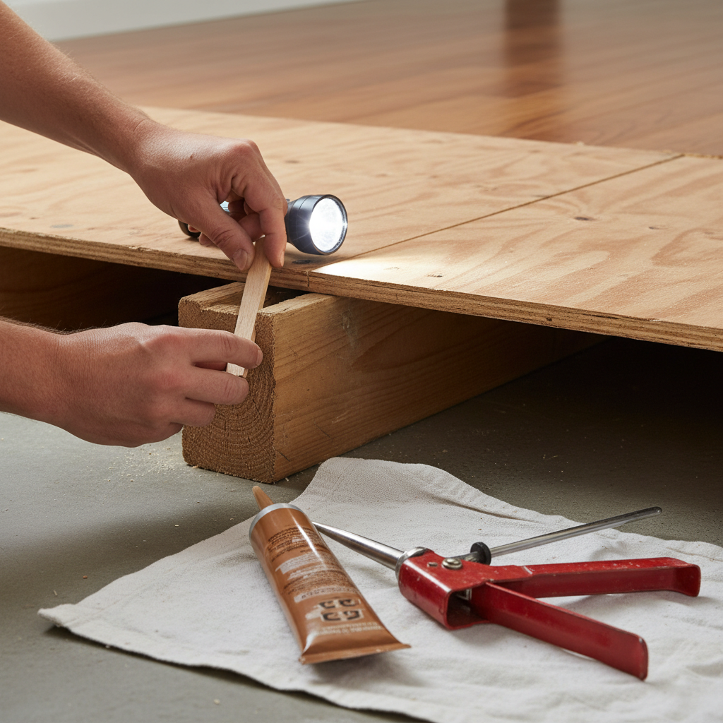 Homeowner installing a wood shim to fix a floor squeak from below the subfloor and joist.
