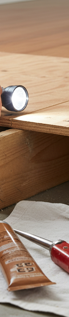 Homeowner installing a wood shim to fix a floor squeak from below the subfloor and joist.
