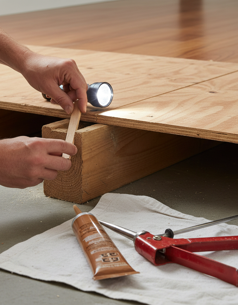 Homeowner installing a wood shim to fix a floor squeak from below the subfloor and joist.