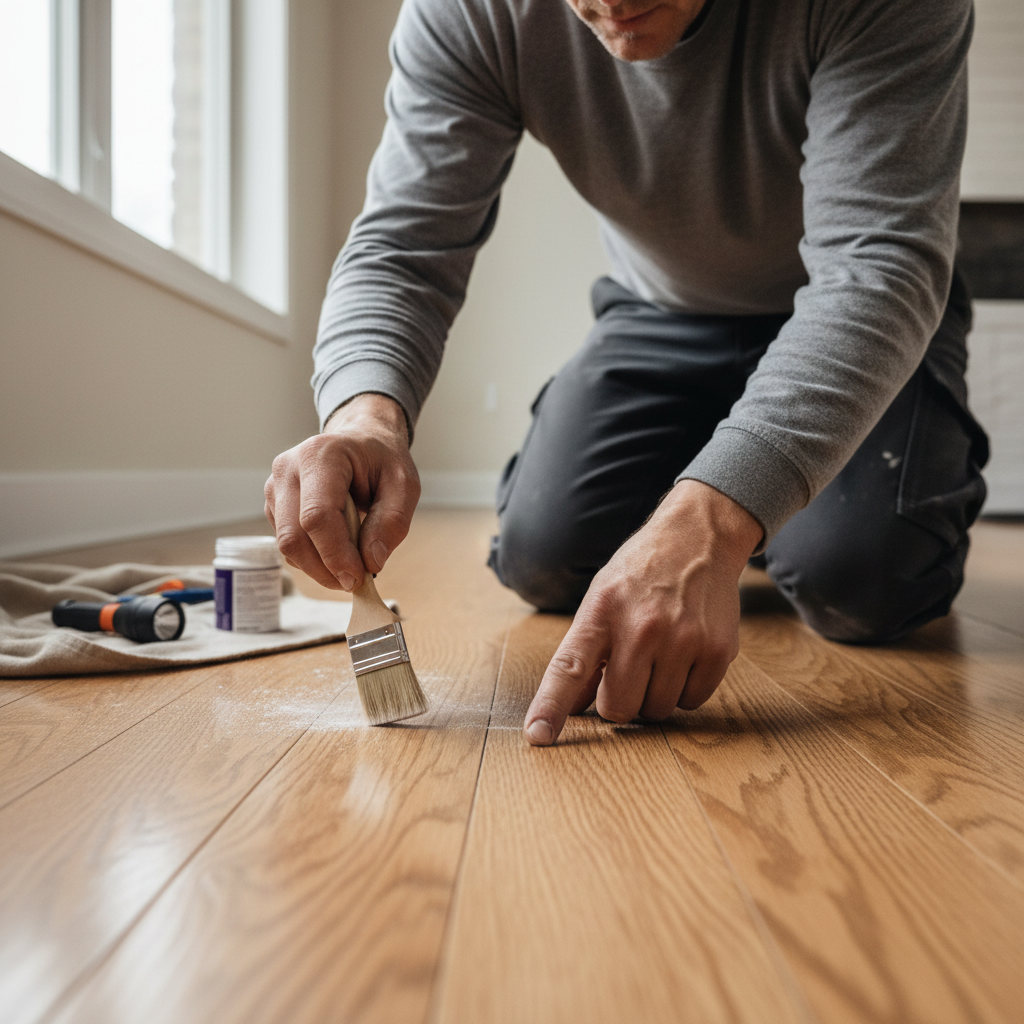 Homeowner applying powder to a squeaky hardwood floor seam