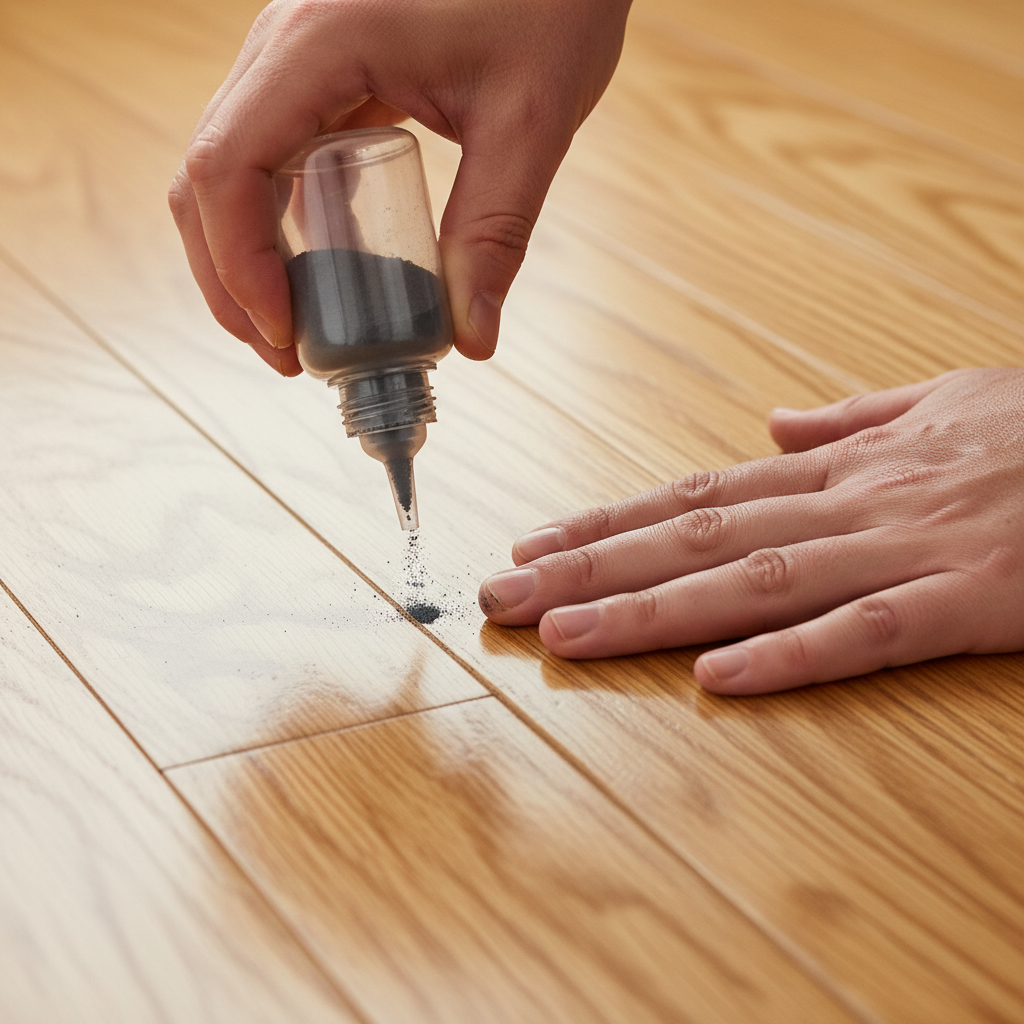 Homeowner applying powdered graphite to a hardwood floor seam to stop a squeak.