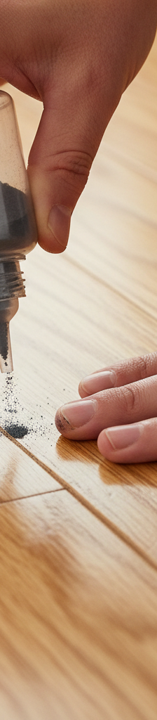 Homeowner applying powdered graphite to a hardwood floor seam to stop a squeak.