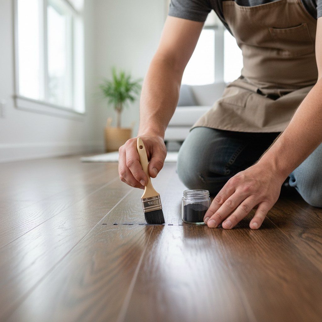 Homeowner applying powdered graphite to a hardwood floor seam to fix a squeak.