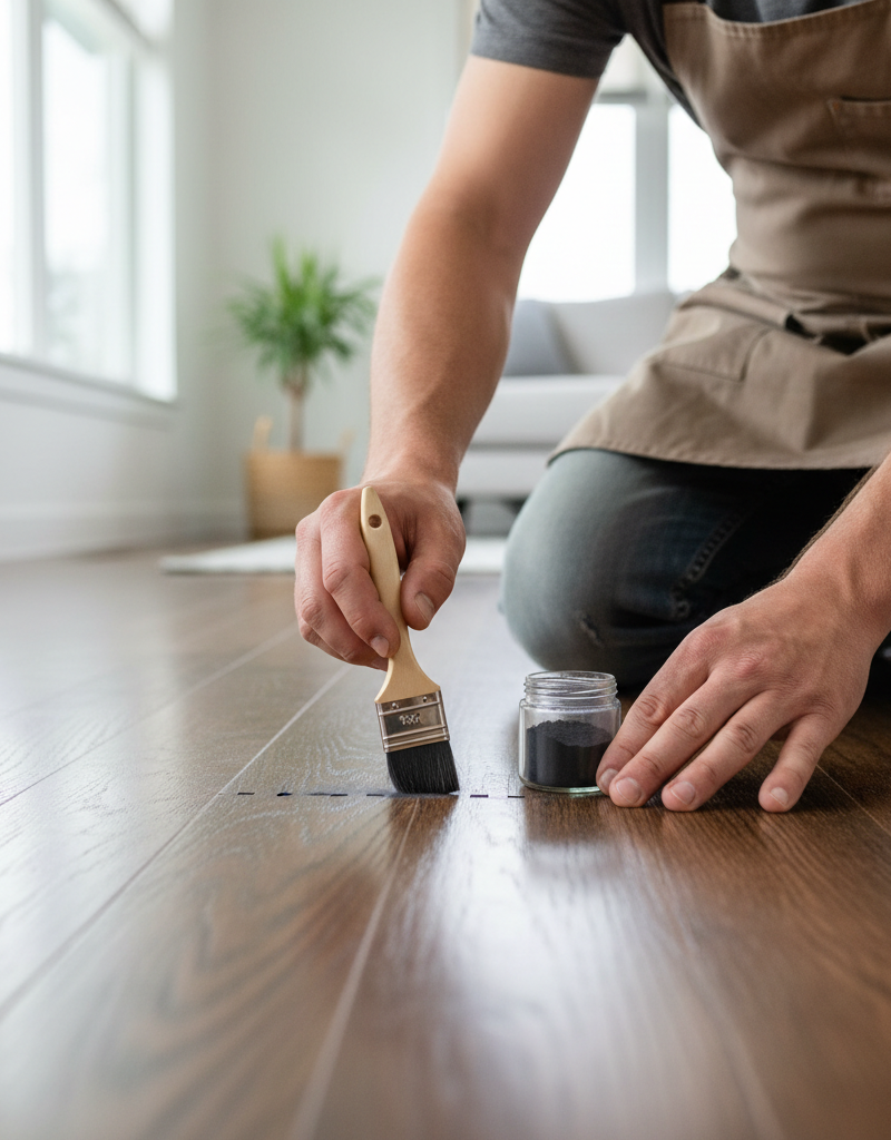 Homeowner applying powdered graphite to a hardwood floor seam to fix a squeak.